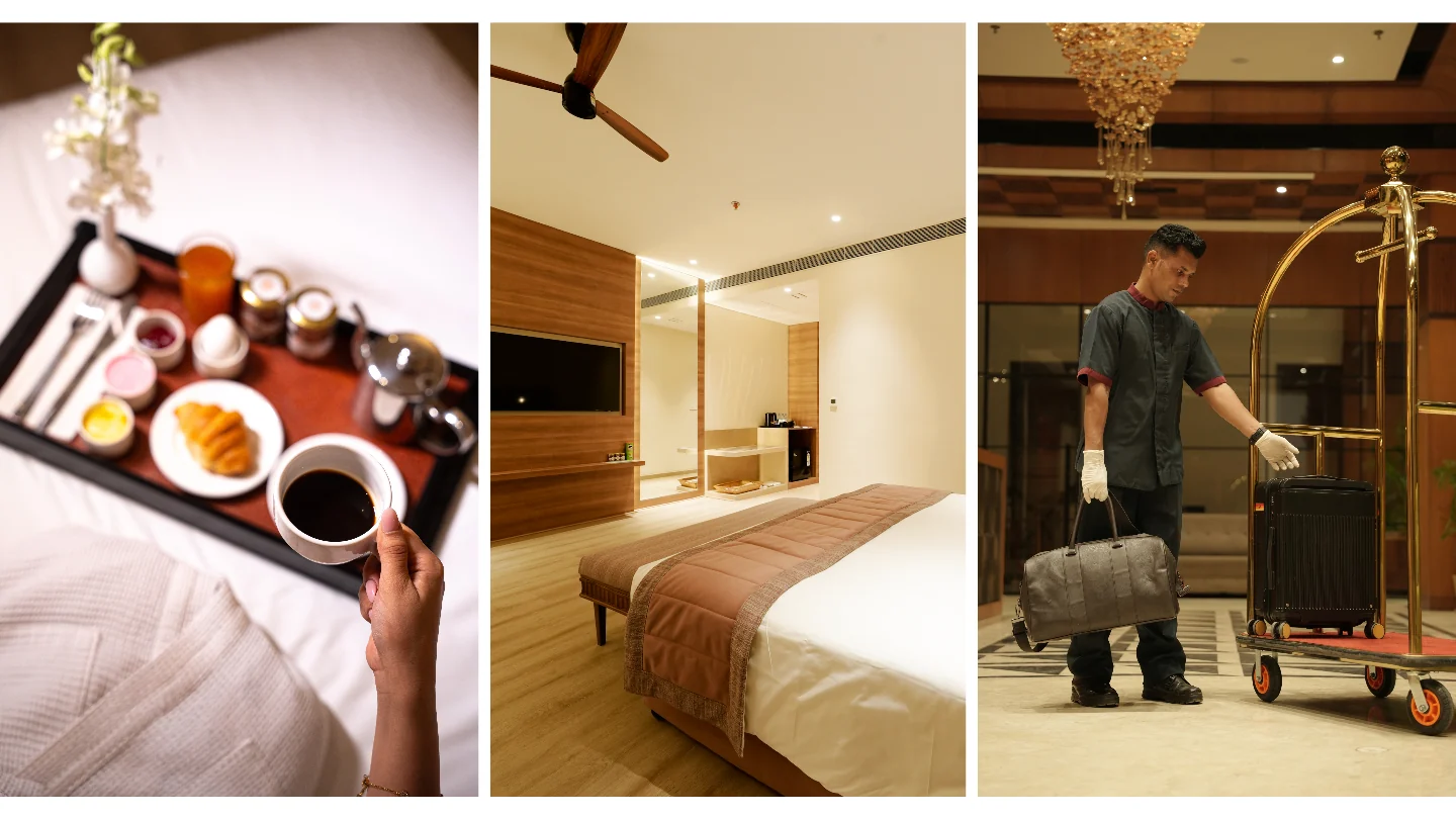 Centre Point hotels: breakfast served in bed, a warm wood-panelled suite, and a bellhop loading luggage onto a brass trolley