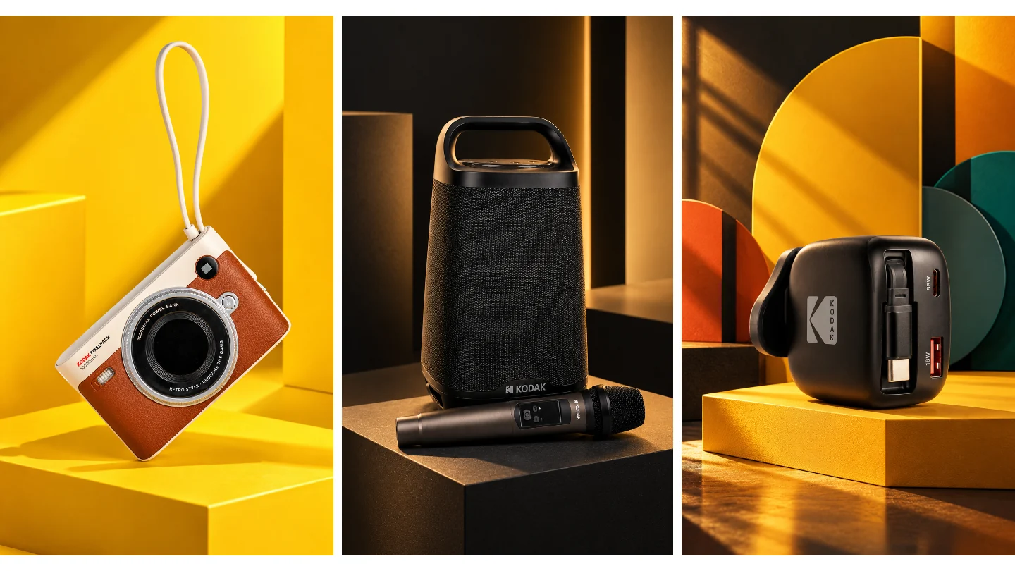 Kodak PixelPack camera, Bluetooth speaker with microphone and charger, shot on warm yellow and black sets