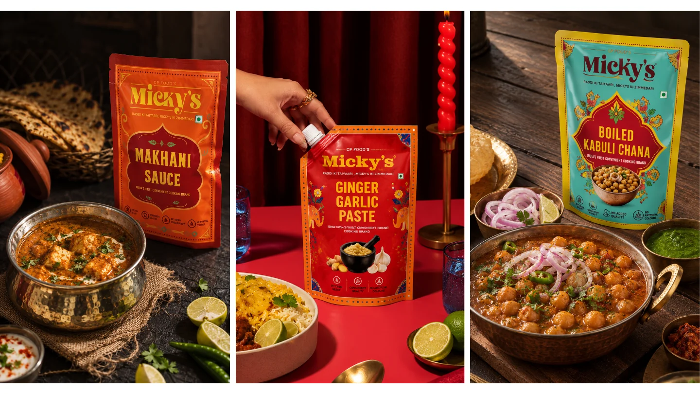 Micky's makhani sauce, ginger garlic paste and boiled kabuli chana packs, each beside its finished dish