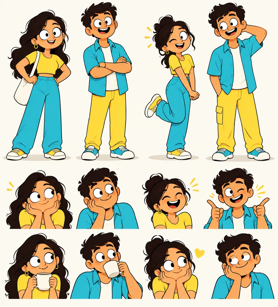Comic cast for grains, The Couple Chronicles: a young couple in a set of poses