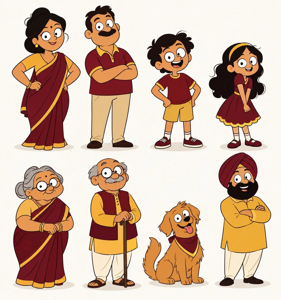 Comic cast for gravies: mom, dad, two kids, grandparents, a dog and the neighbour