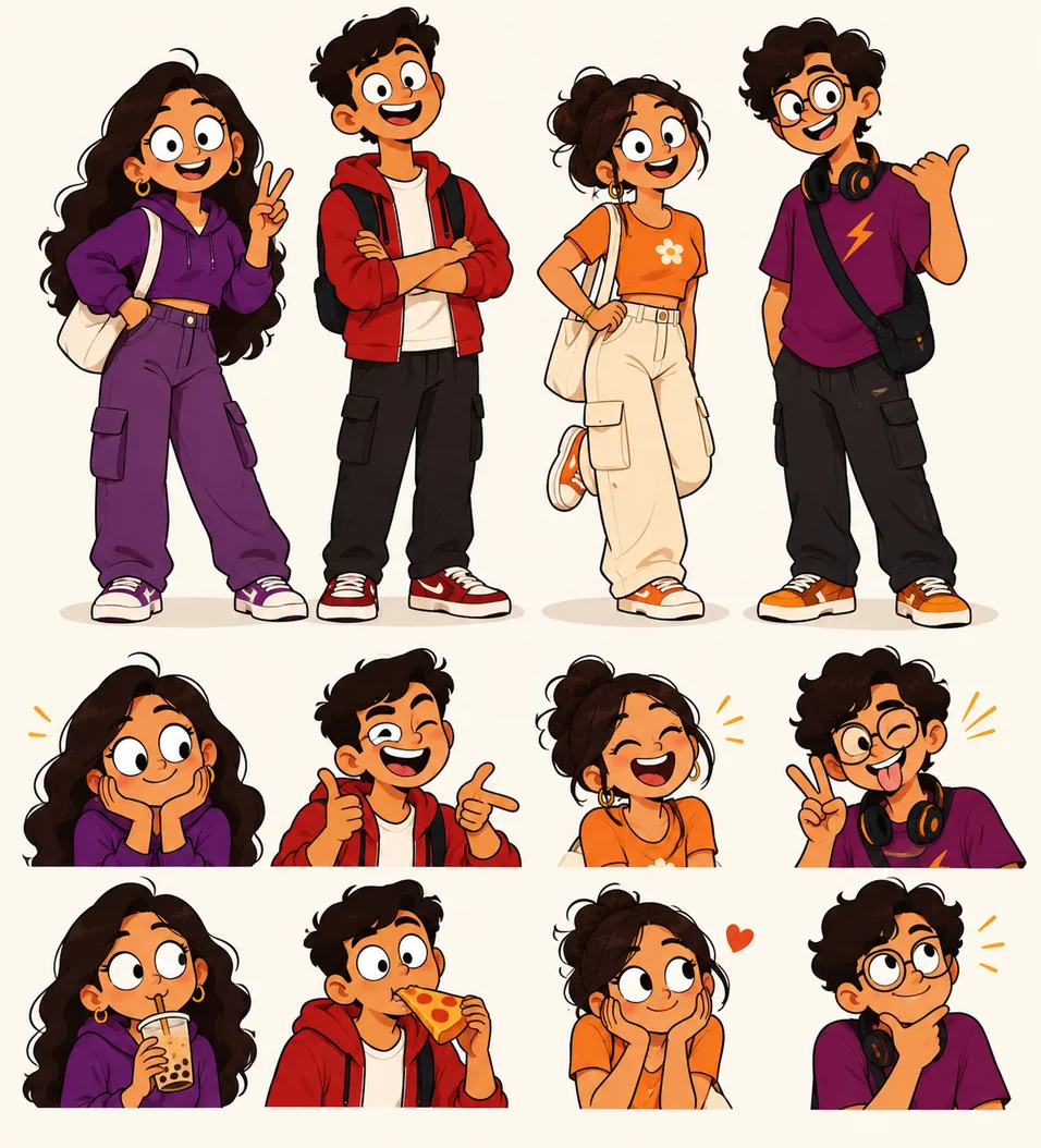 Comic cast for sauces, The Gen Z Gang: four friends in a set of poses