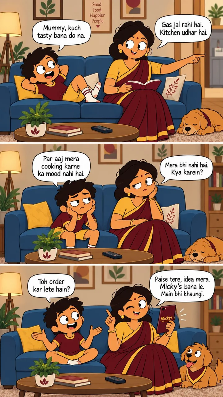 Example strip: a son asks for something tasty, mom isn’t in the mood, Micky’s saves dinner