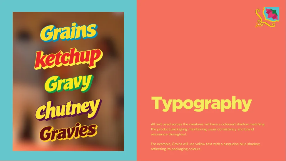 Social style rule: every word in its pack colour with a coloured shadow, Grains to Gravies