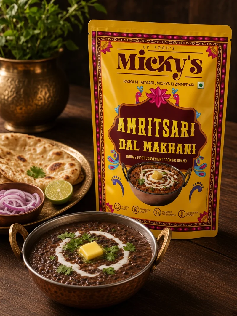 Micky’s Amritsari Dal Makhani pouch with a bowl of dal makhani and naan