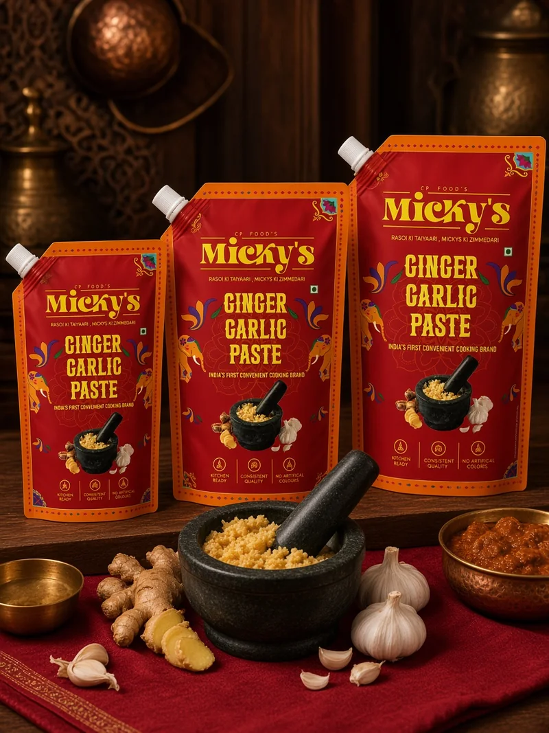 Micky’s Ginger Garlic Paste spout pouches in three sizes