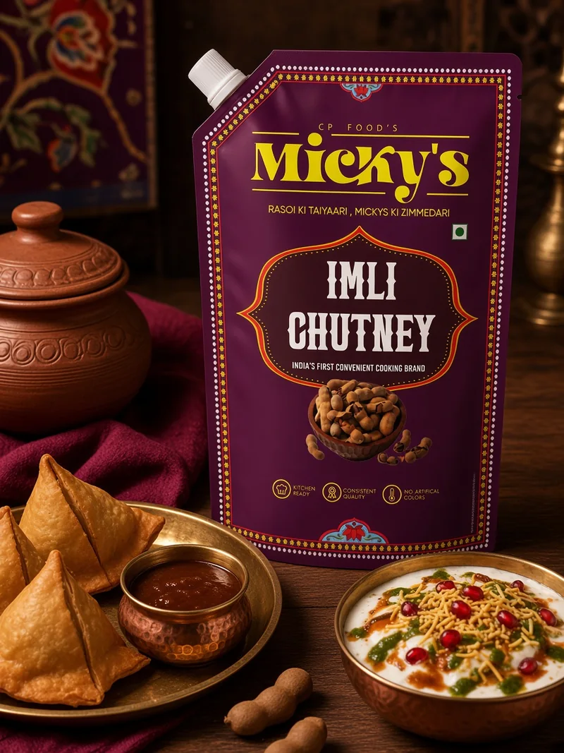 Micky’s Imli Chutney spout pouch with samosas