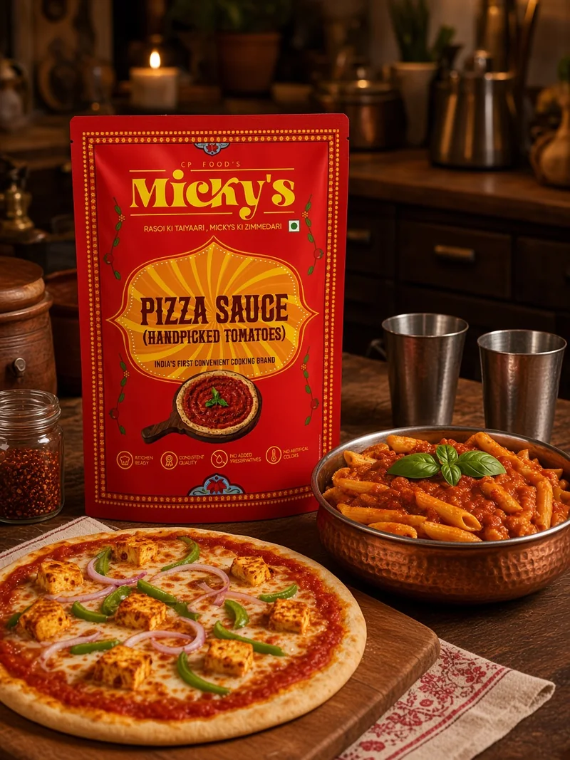 Micky’s Pizza Pasta Sauce pouch with pasta and pizza