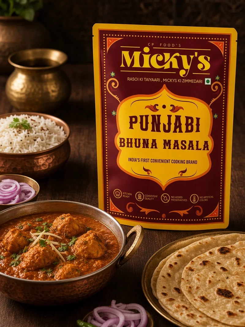 Micky’s Punjabi Bhuna Masala pouch with a Punjabi curry