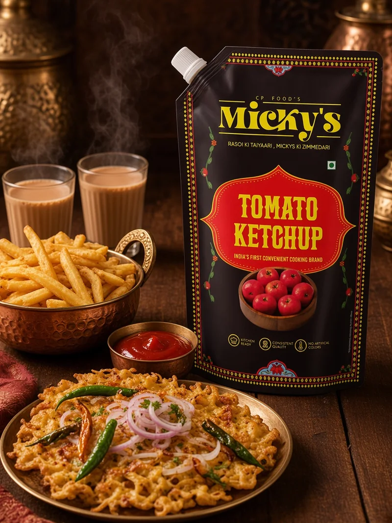Micky’s Tomato Ketchup spout pouch with onion bhajiyas and fries