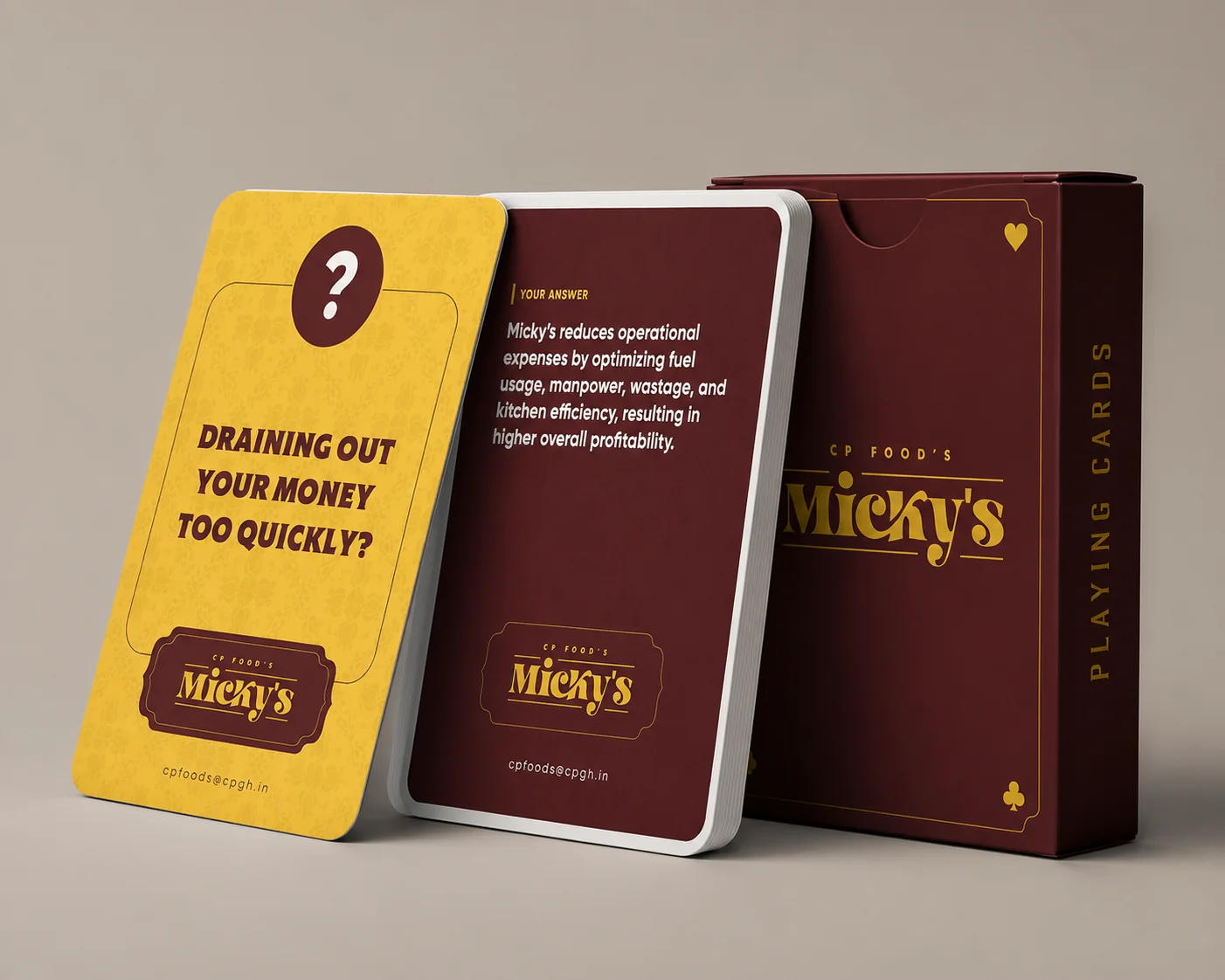 Micky’s playing cards: a yellow question card, “Draining out your money too quickly?”, a maroon answer card and the maroon box