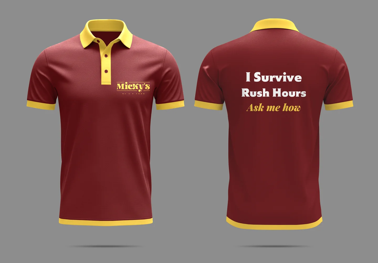 Maroon Micky’s polo: I Survive Rush Hours on the back