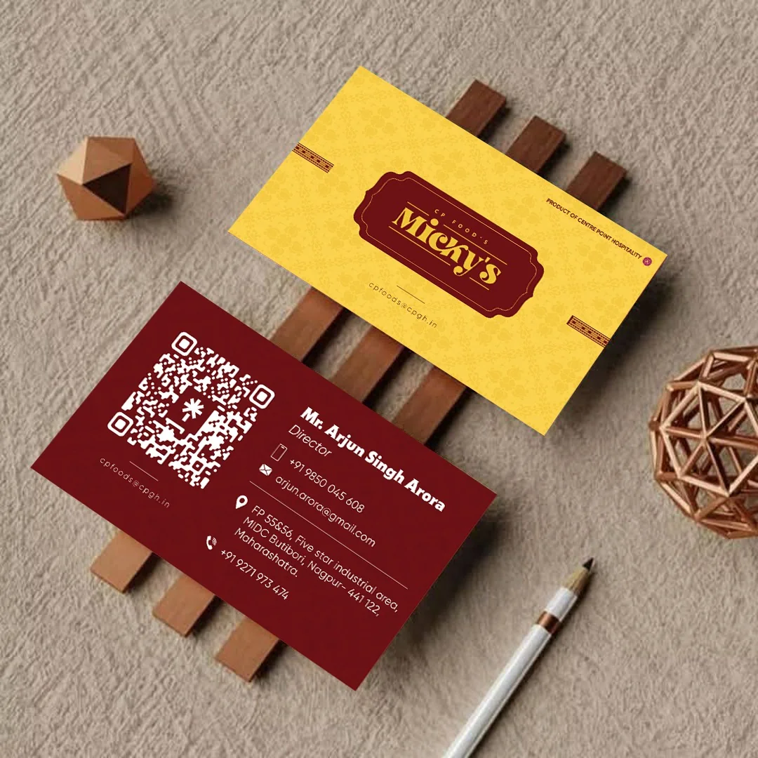 Micky’s visiting card, yellow front with the wordmark and maroon back with a QR code and contact details