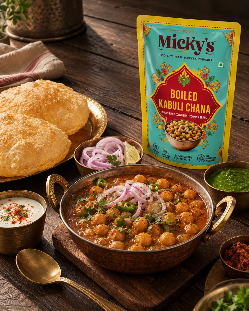 Micky’s Boiled Kabuli Chana pouch beside chole and bhature