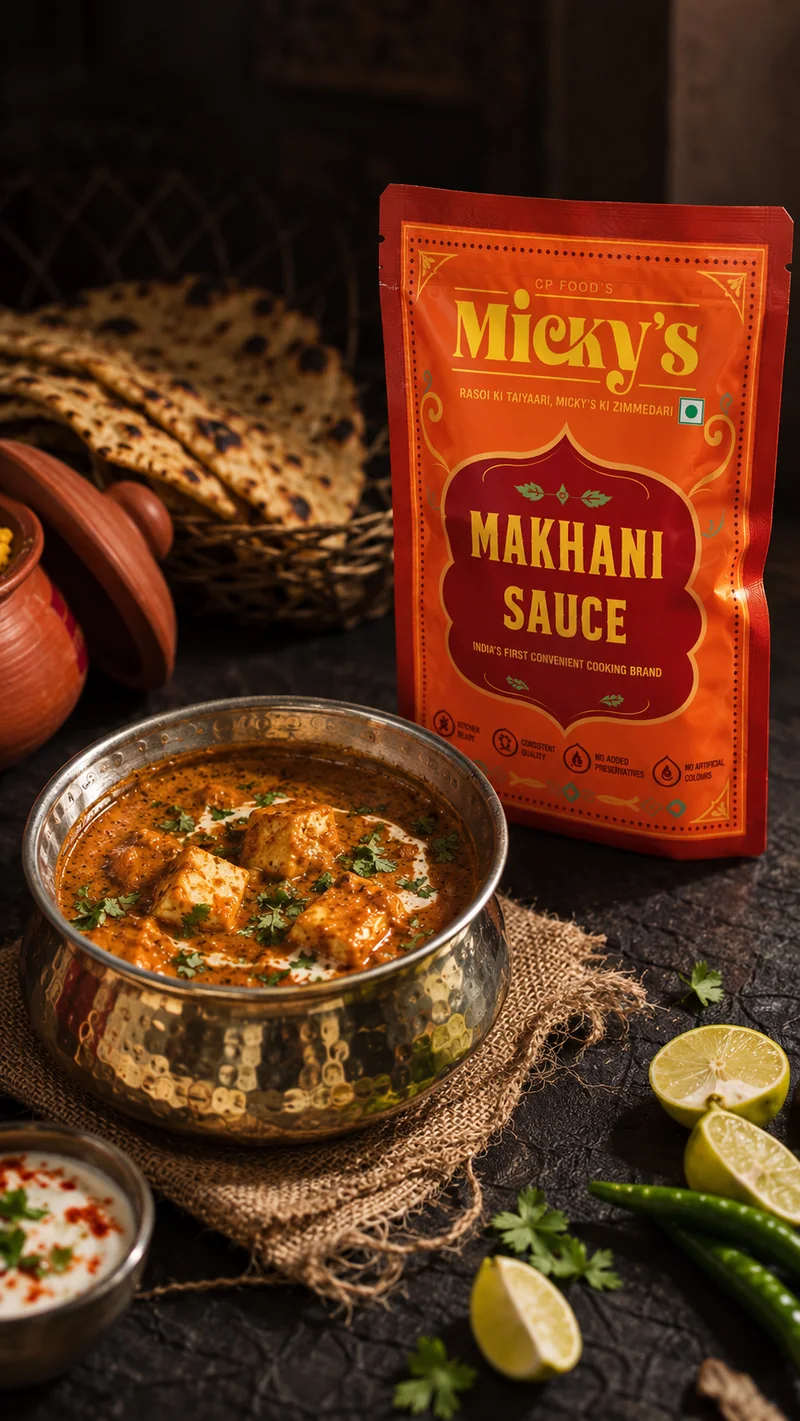 Micky’s Makhani Sauce retort pouch beside a bowl of makhani gravy on an orange table