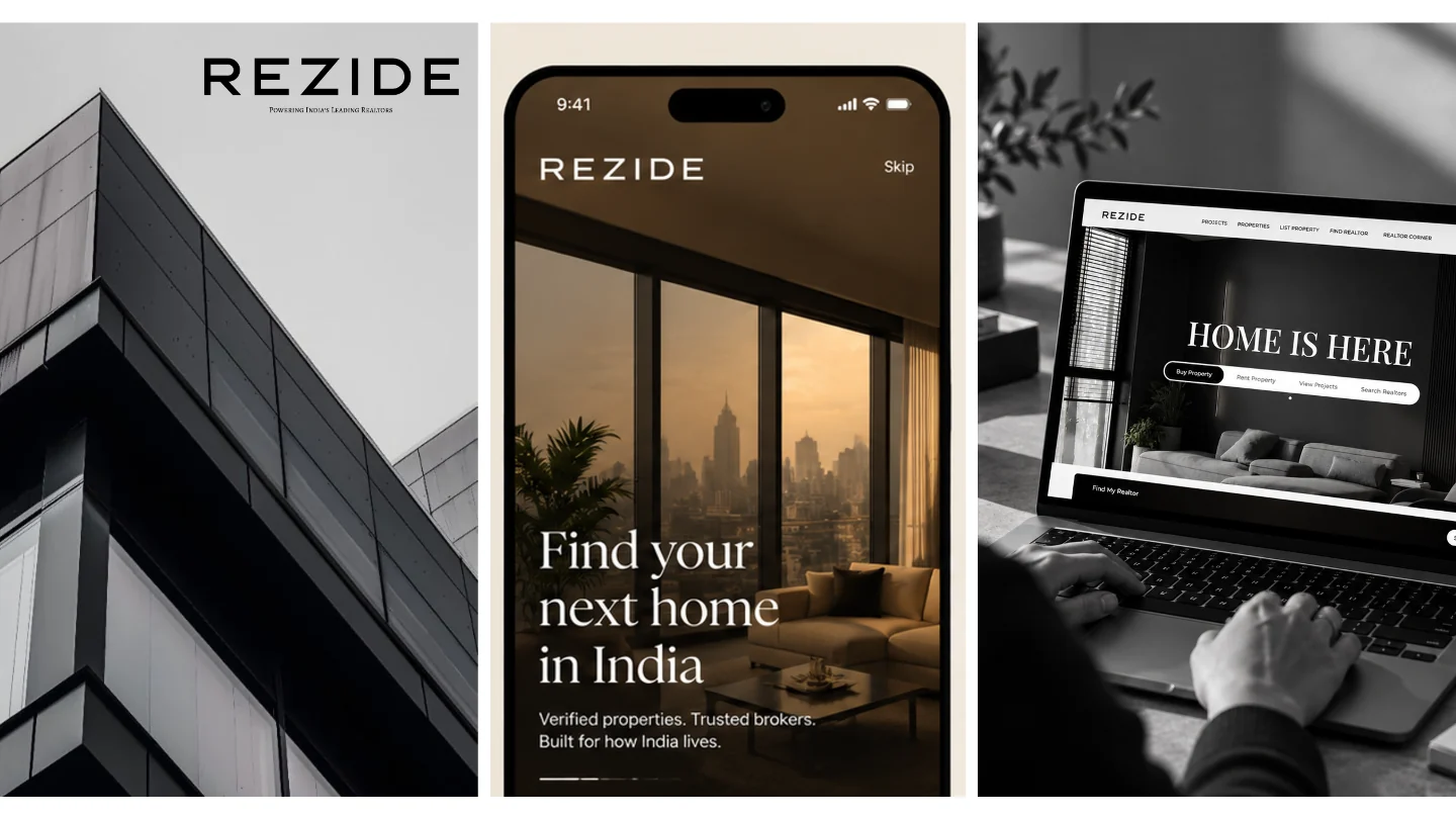 Rezide in black and white: the residential tower with the Rezide wordmark, the app sign-in screen and the website on a laptop