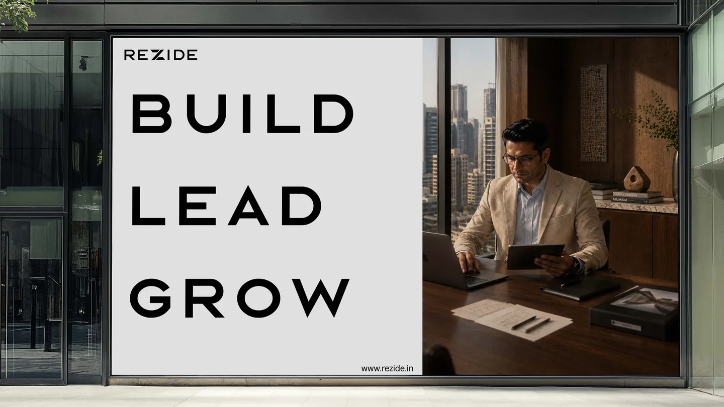 Rezide billboard reading Build, Lead, Grow, in white