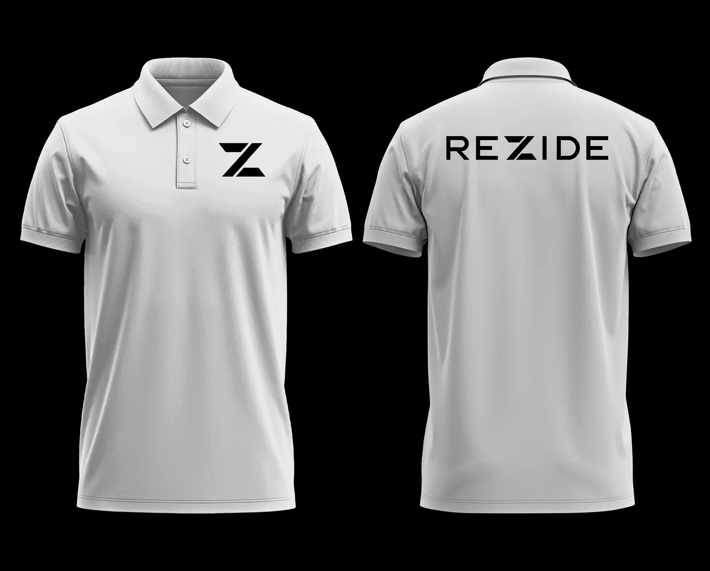 White Rezide polo, black Z on the chest and REZIDE across the back