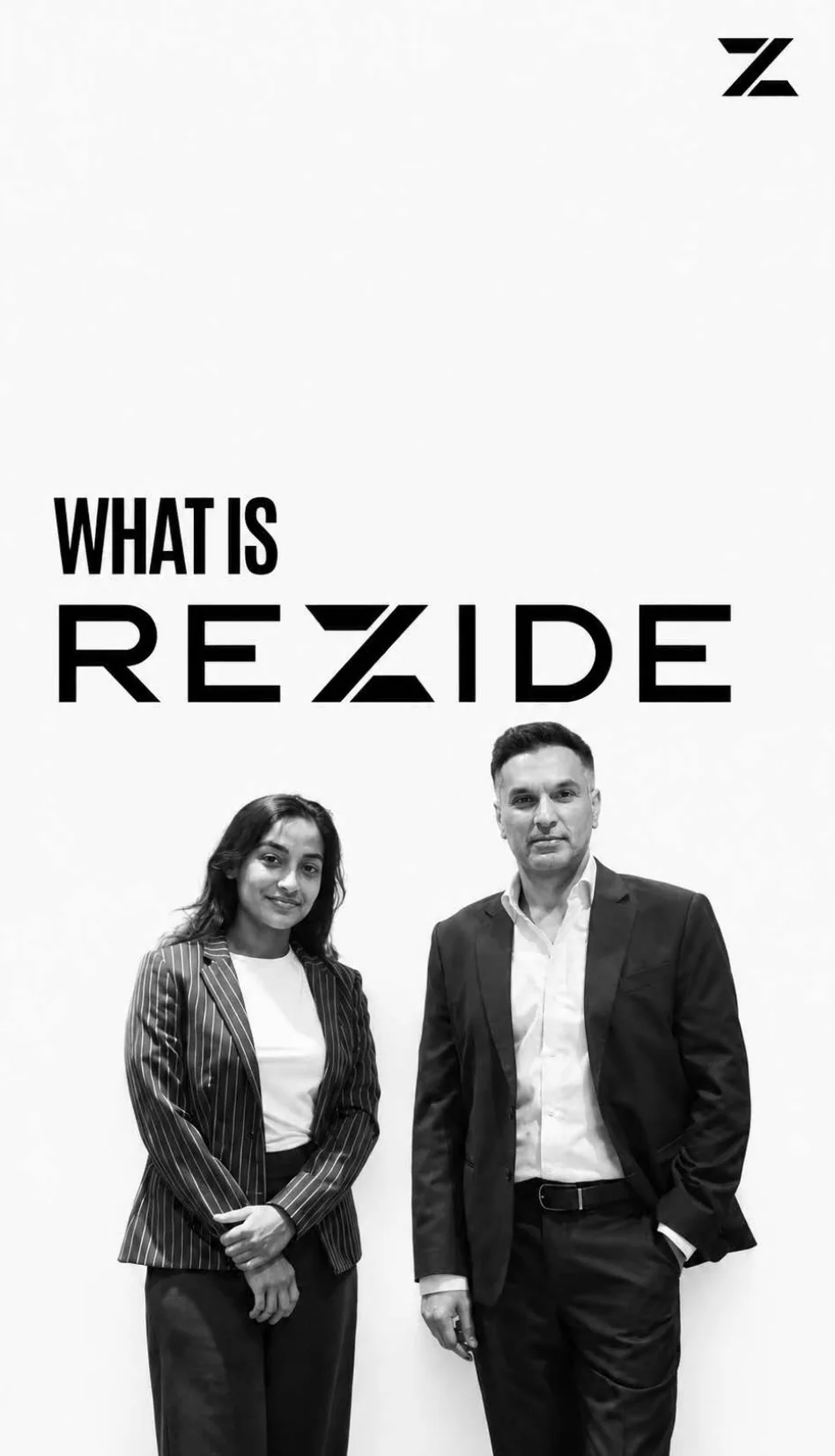 Rezide social post: What is REZIDE, with the founders Rukmani and Viraj