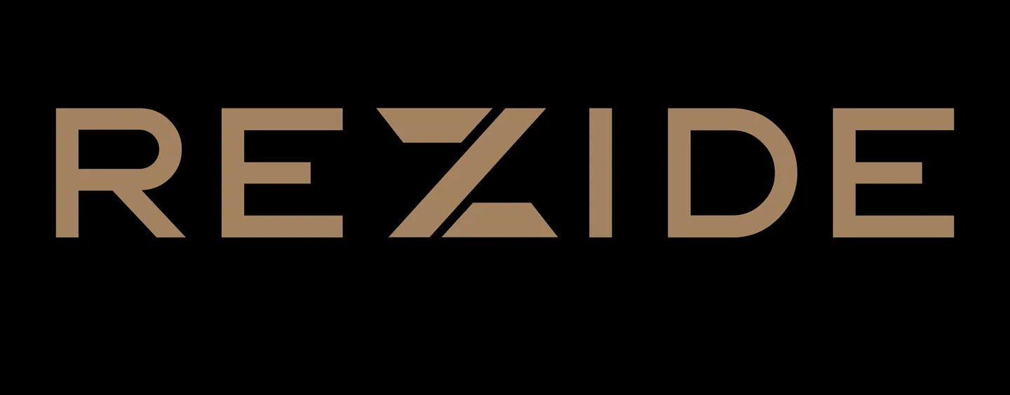 REZIDE wordmark in mocaccino on black