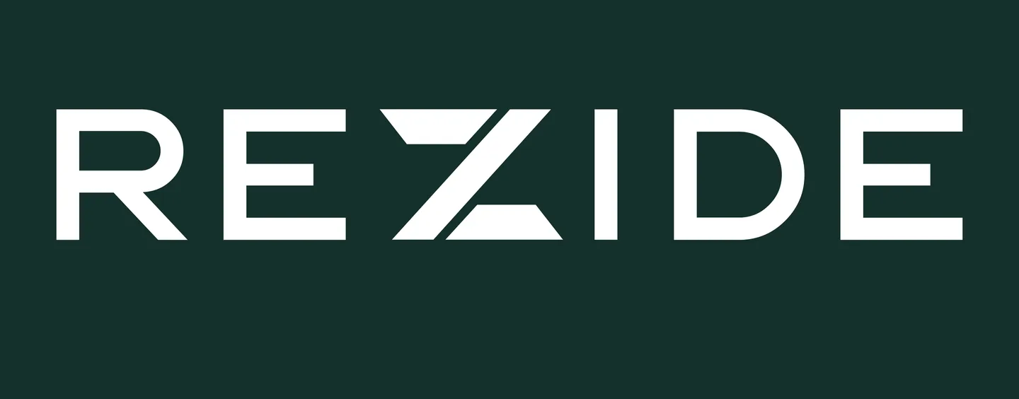 REZIDE wordmark in white on Timber Green