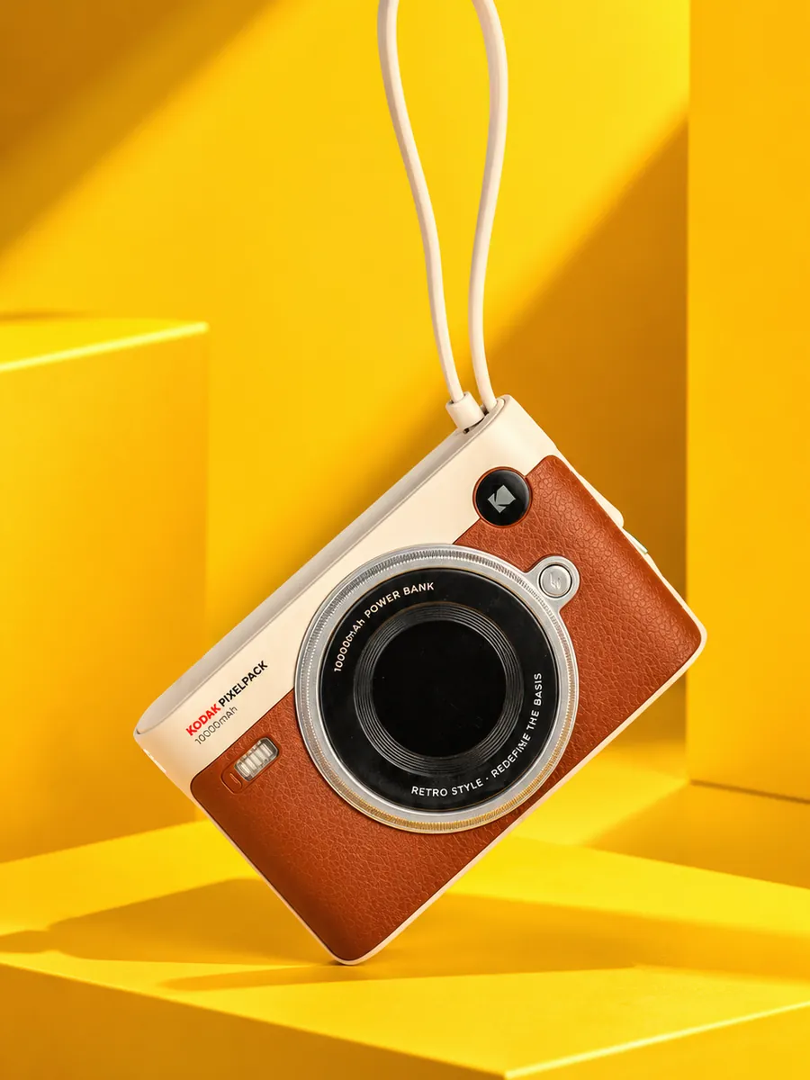 Kodak instant camera hanging against a bright yellow set