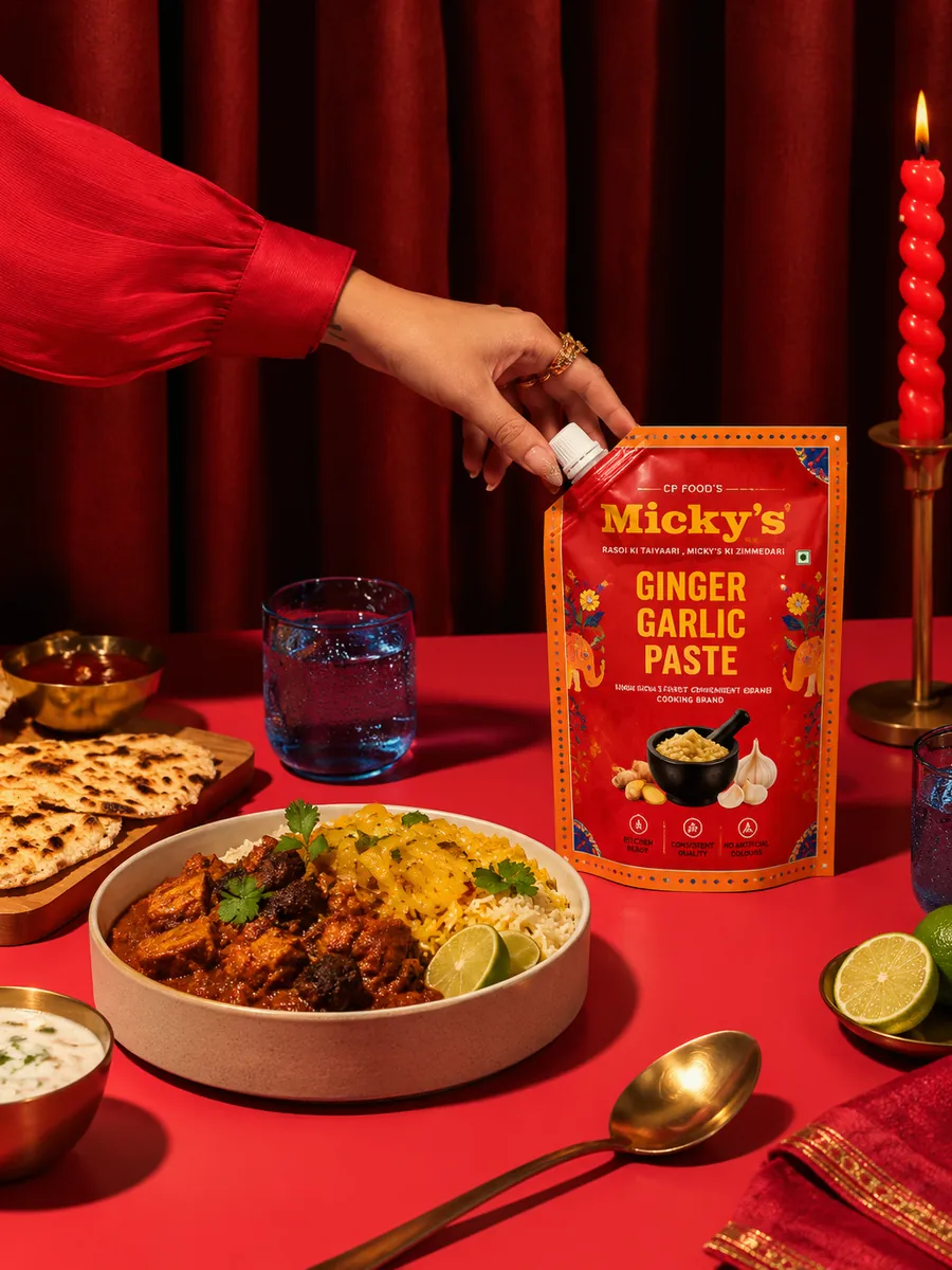 Micky's ginger garlic paste pack on a festive dining table