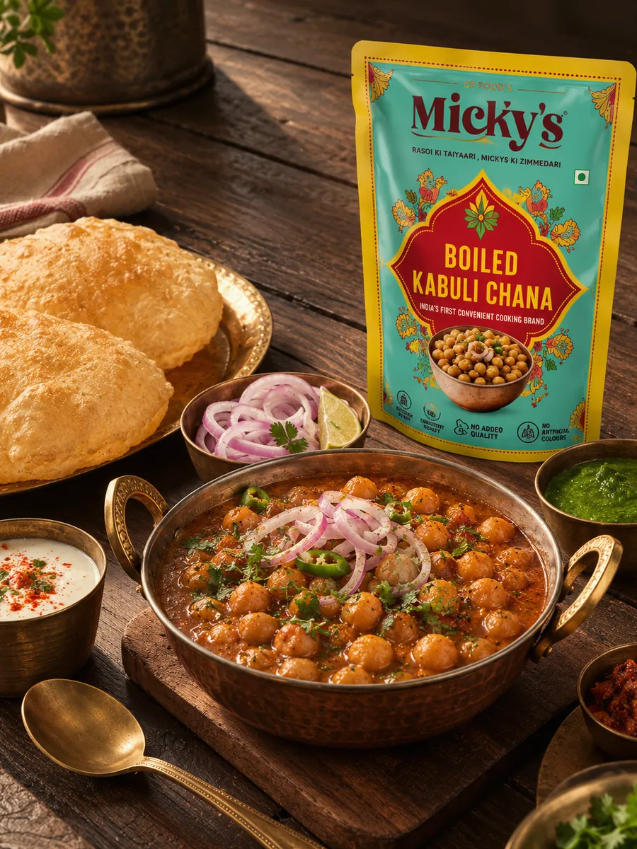Micky's kabuli chana pack beside a bowl of chole and puris