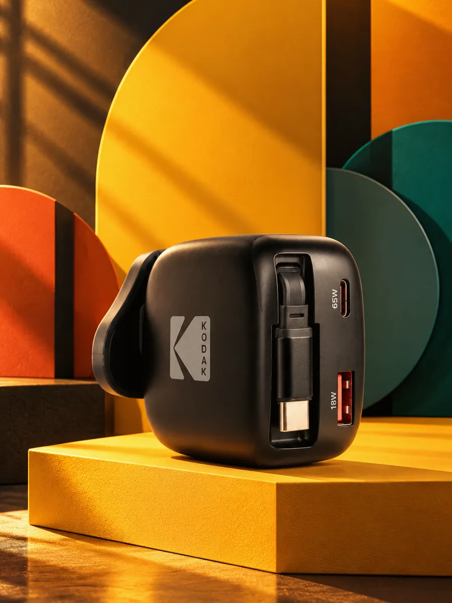 Kodak charger product shot on a colourful geometric set