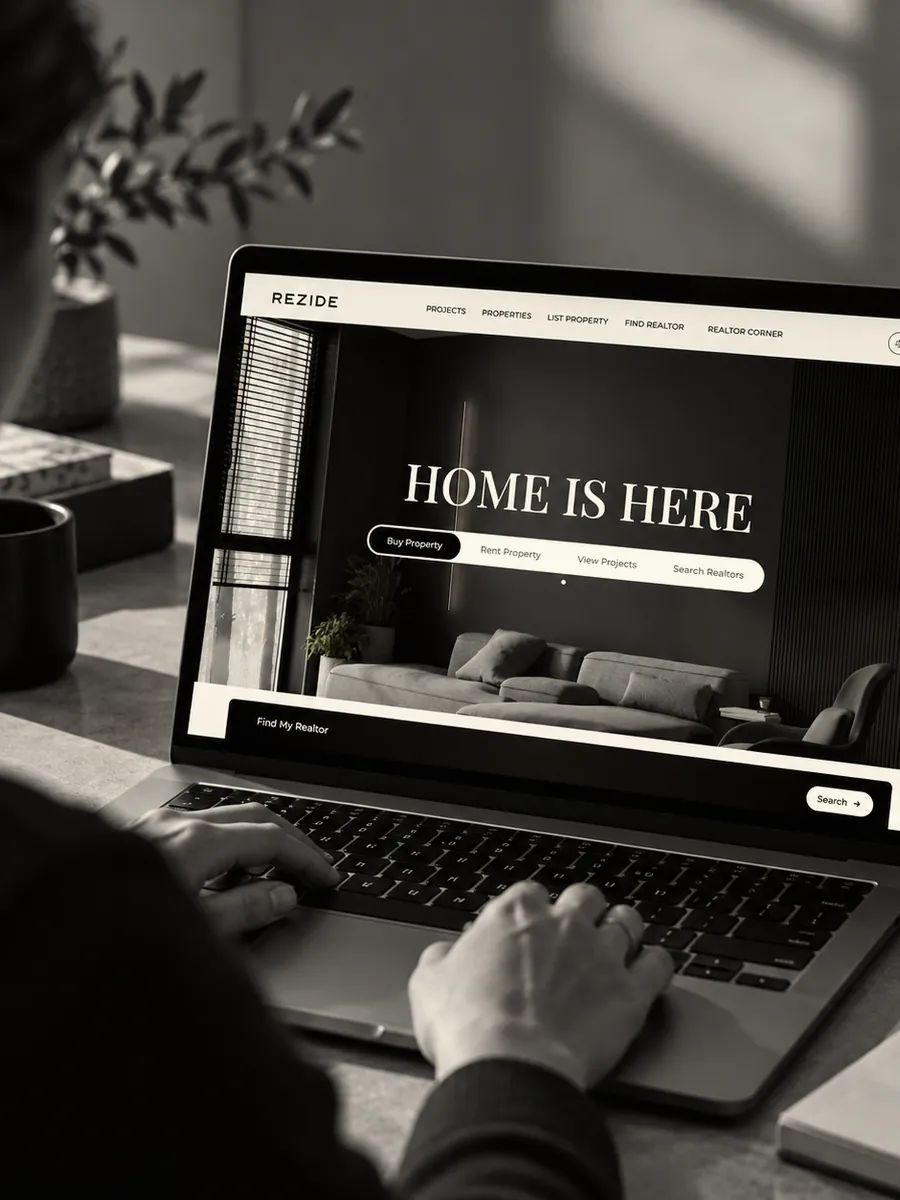 Rezide website shown on a laptop, in black and white