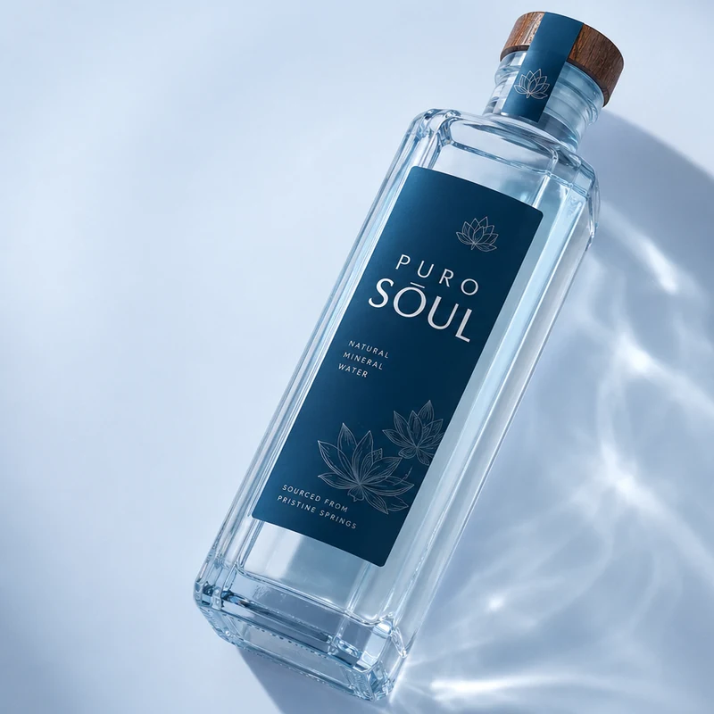A Puro Soul natural mineral water bottle in soft blue light
