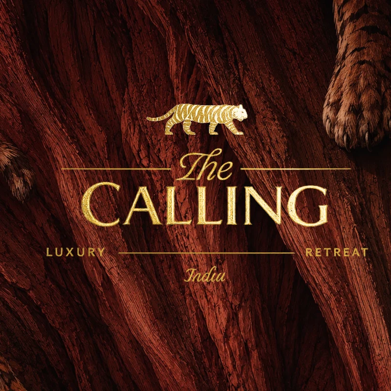 The Calling Luxury Retreat India gold logo with a tiger on carved red bark